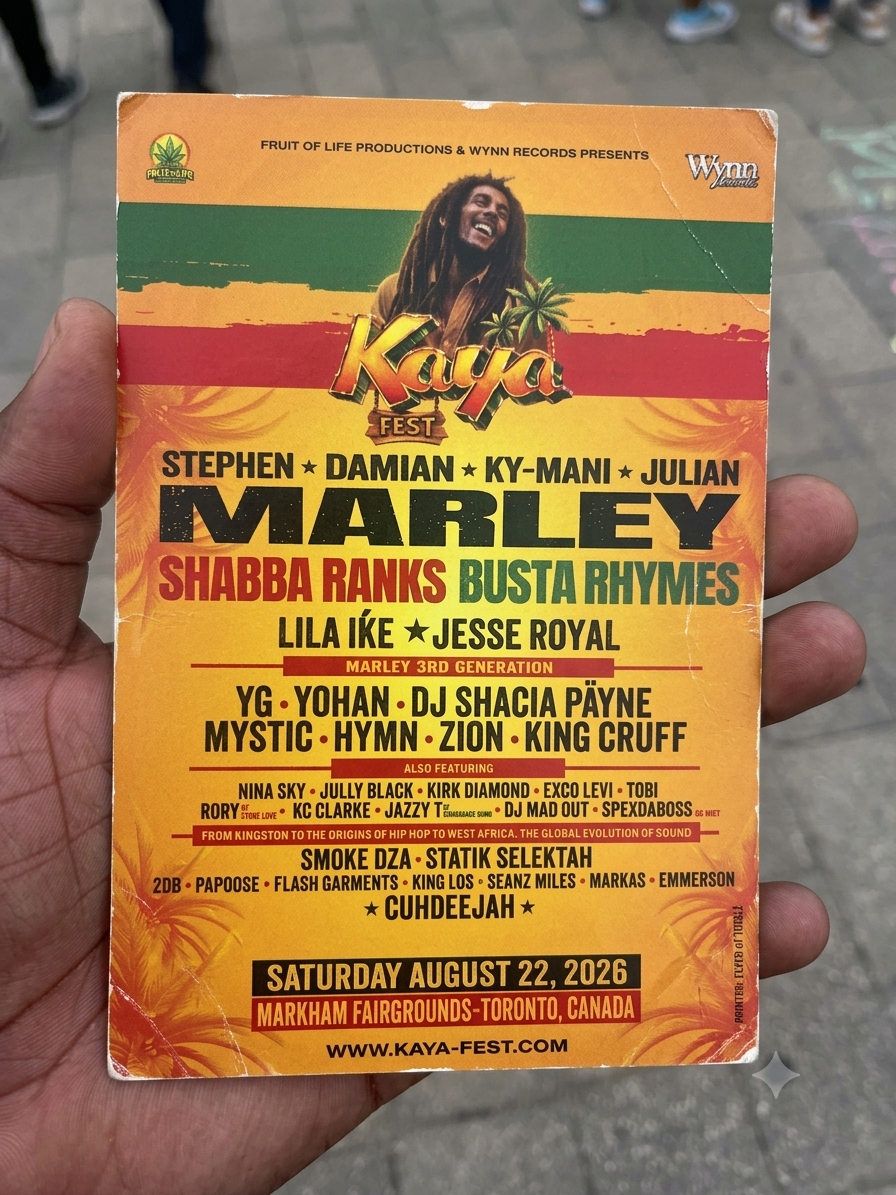 Kaya Fest 2026 official flyer — Marley brothers, Shabba Ranks and Busta Rhymes, Saturday August 22 2026 at Markham Fairgrounds, Toronto