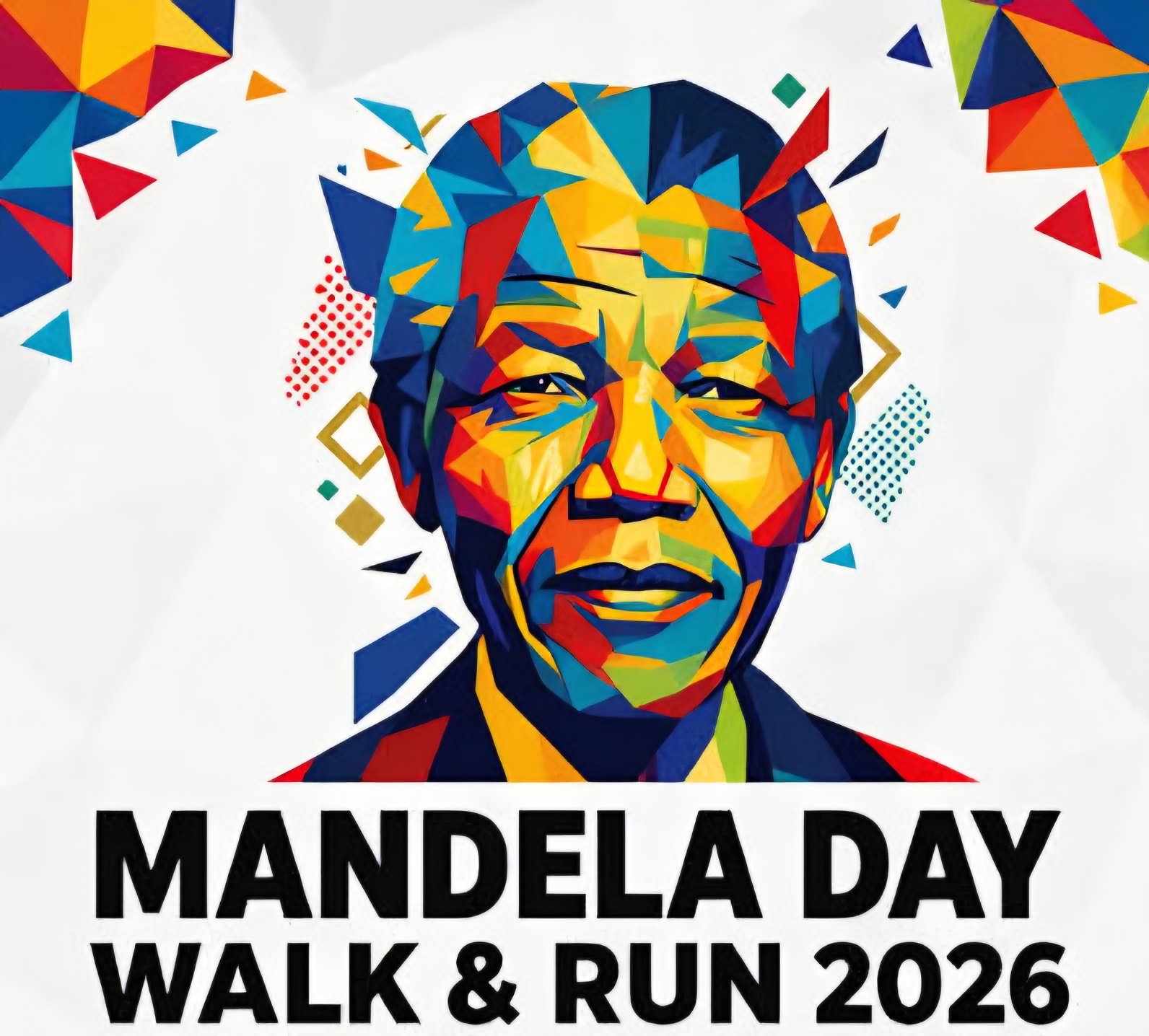 Mandela Day Walk & Run 2026 — colorful geometric portrait of Nelson Mandela