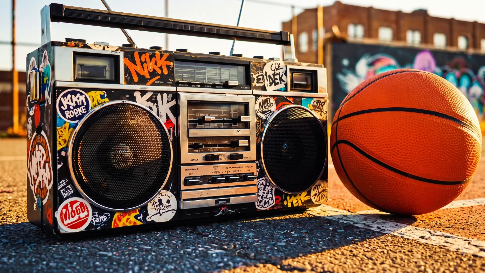 Graffiti-covered boombox and basketball on a city court — SwaggaLIVE Radio