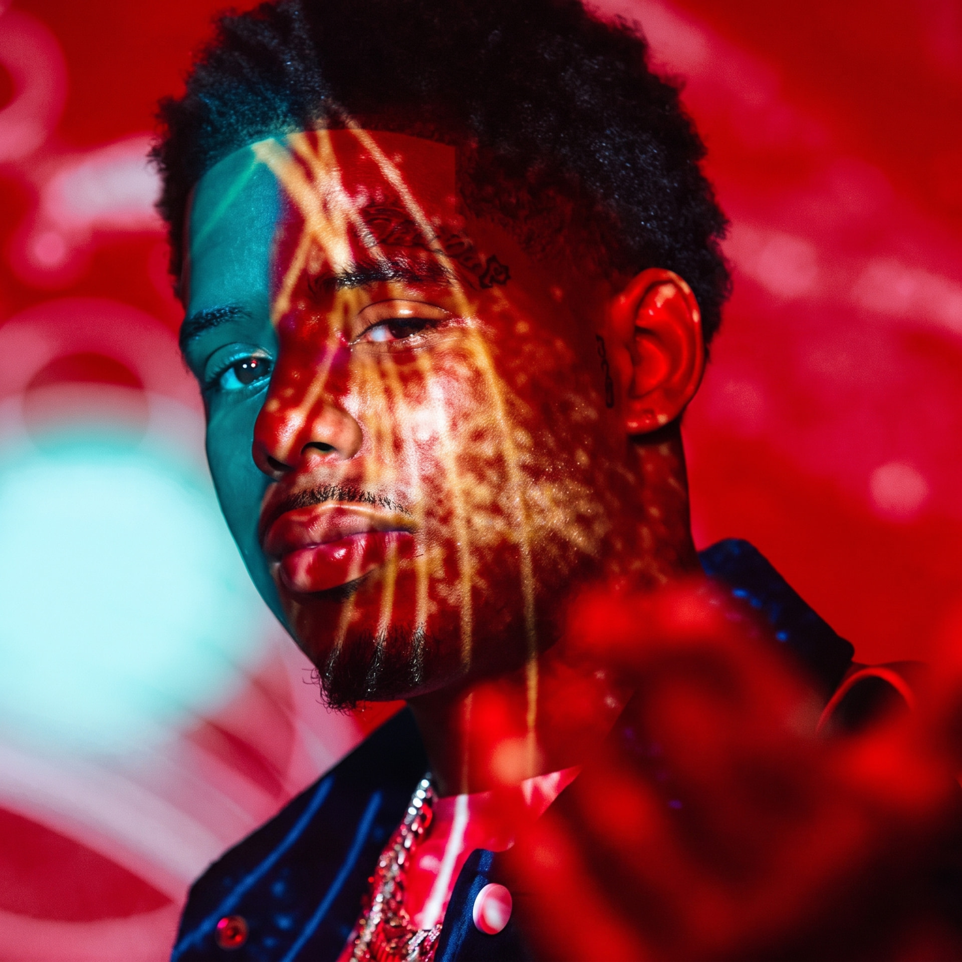 Pooh Shiesty portrait — dramatic red and teal lighting with projected light patterns across his face