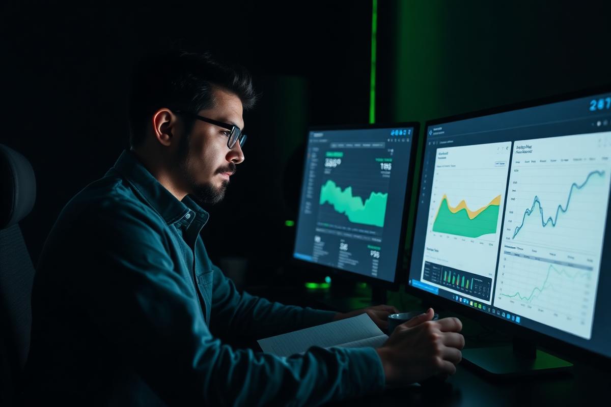 Creator studying audience analytics charts on a monitor