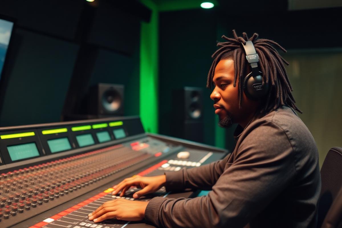 Audio engineer mixing a record on a large studio console
