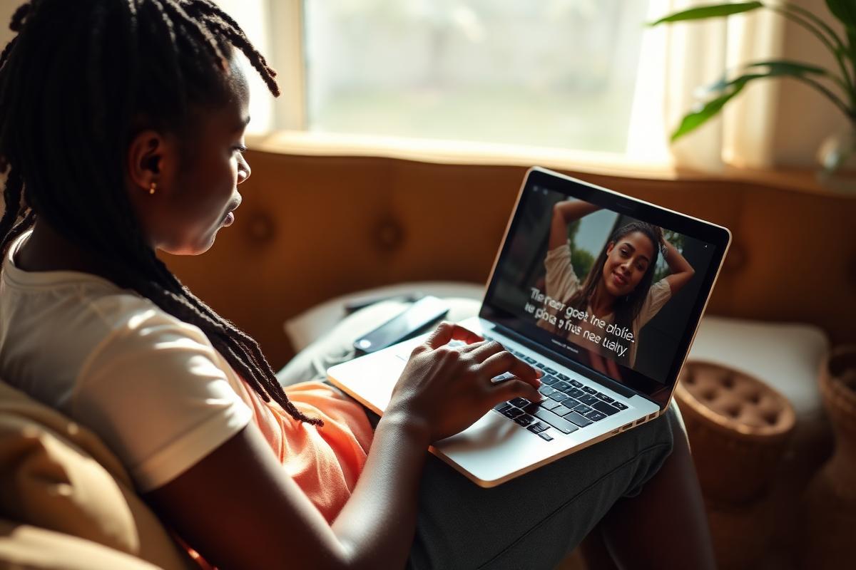 Creator writing captions and reviewing subtitles on a laptop