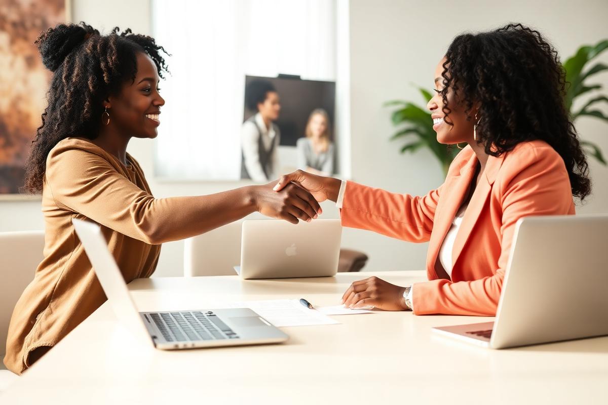 Artist shaking hands with a brand marketing executive over a deal