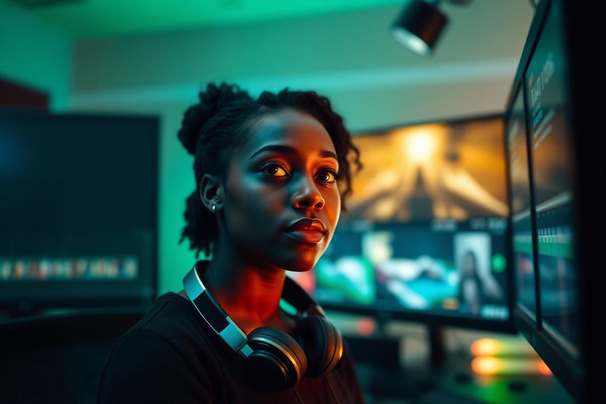 Video editor cutting a music video on a multi-monitor timeline