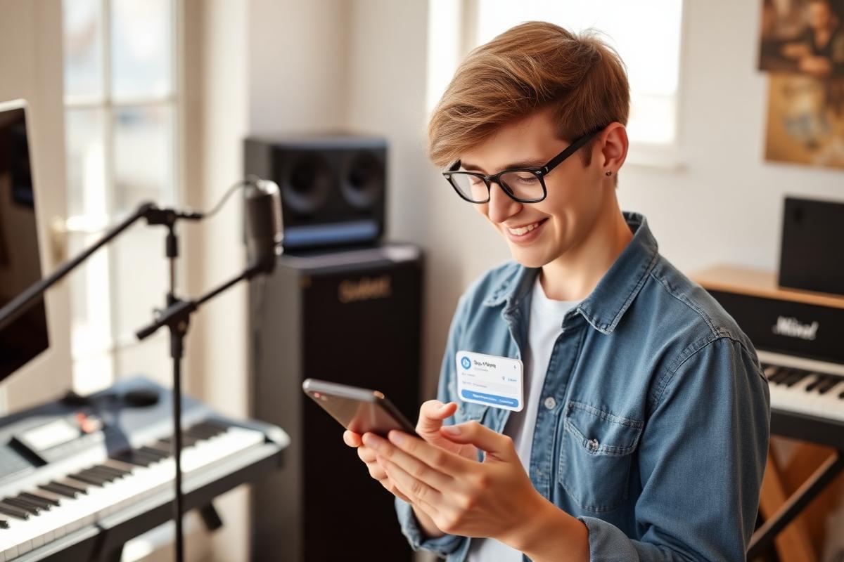 Musician smiling at a payout notification in a home studio