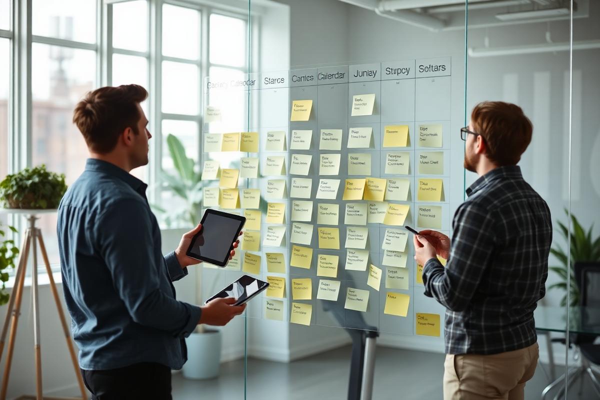 Two creators mapping a campaign calendar on a glass planning wall