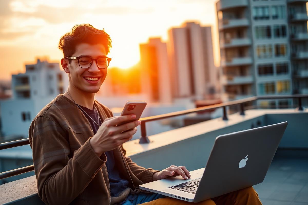 Creator publishing a post from a phone on a rooftop at sunset