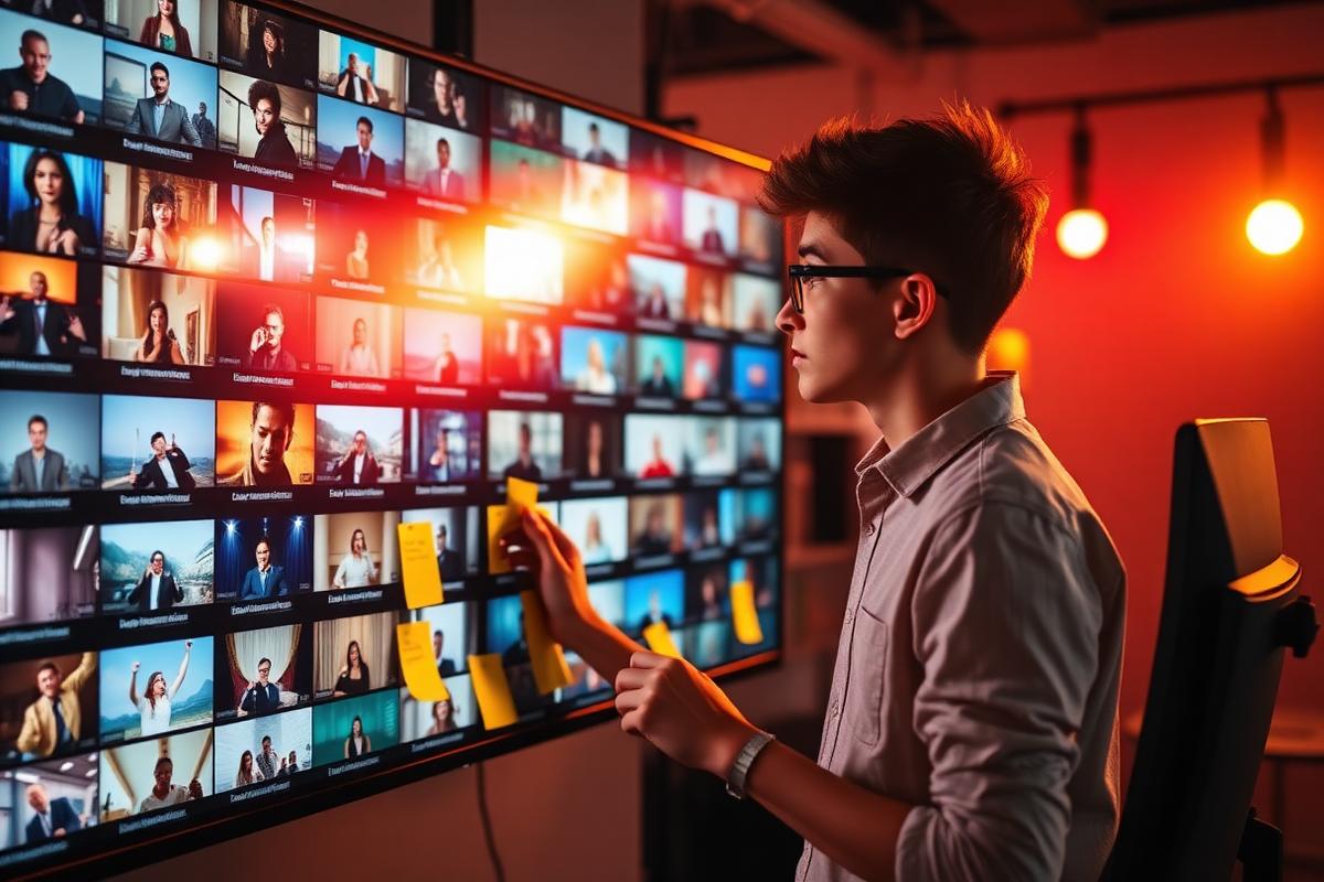 Designer comparing a wall of video thumbnail options