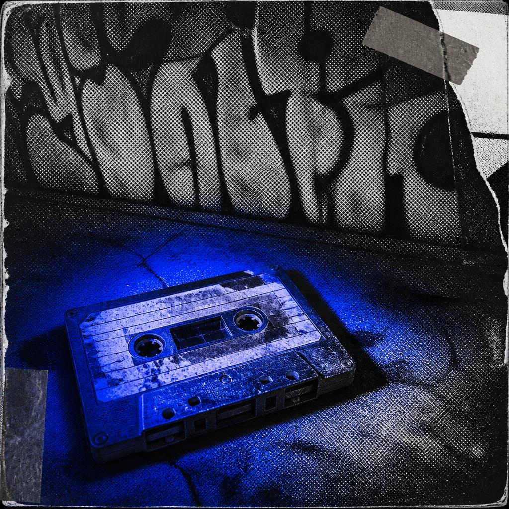 Mixtape artwork: a worn cassette tape on concrete under a blue spotlight, graffiti wall behind