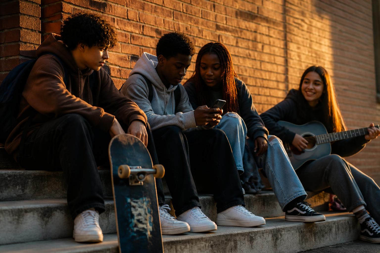 Urban youth sitting together on city steps at sunset — guitar, skateboard, and friendship