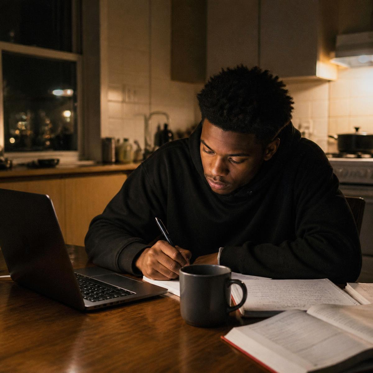 A young man studying at a kitchen table at night with a laptop and notebooks